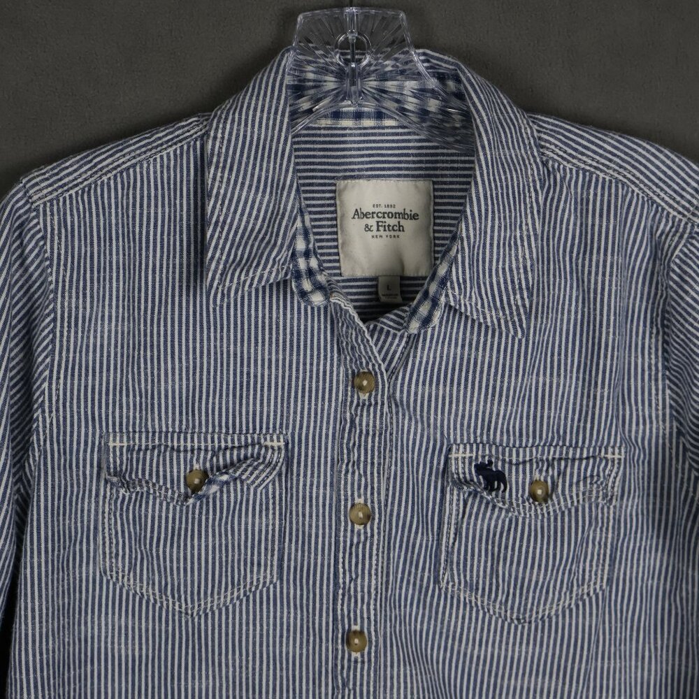 Vintage Abercrombie and Fitch Top Womens Large Blue Striped Oxford Cotton Y2K